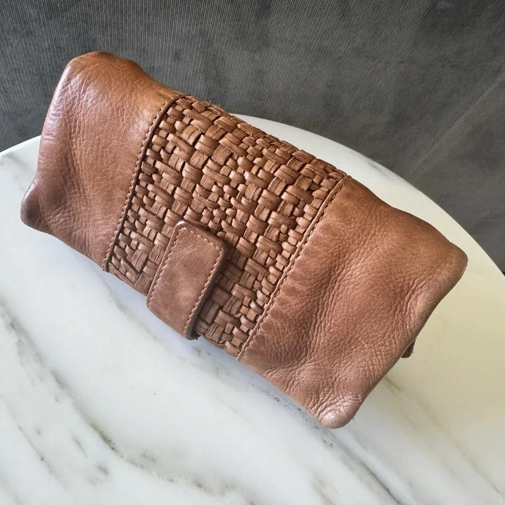 M M Kane Bifold Wallet Brown ~ Tan Woven Leather Women's Zip Super Soft Leather